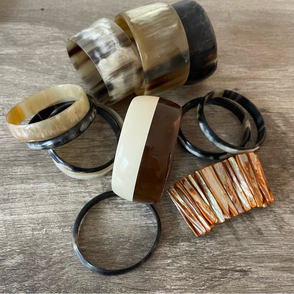 Lot of 12 Boho Bangle Bracelets - Vintage Earth Tone Thin Hand Carved Bangles